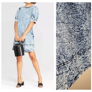Who What Wear Retro Acid Wash Denim Dress Puff Sleeve Blue Size L